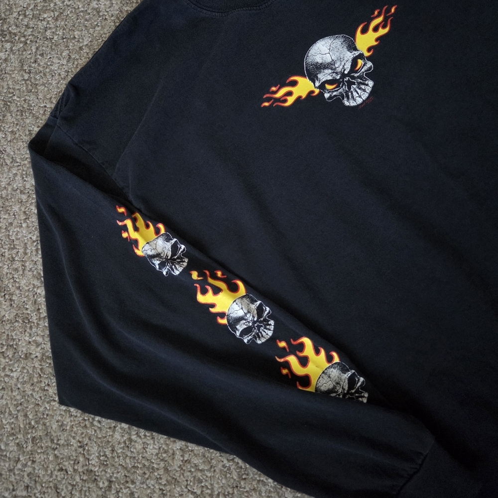 Vintage Y2K Grunge Flaming Skull Fire Goth Long Sleeve Tshirt XXL Gildan Heavywe - Picture 3 of 13